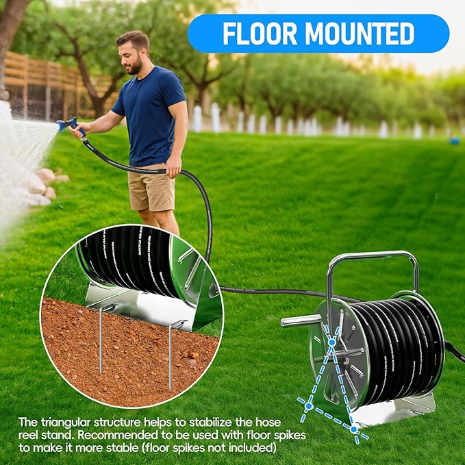 SPECILITE Stainless Steel Garden Hose Reel with 5/8" 75FT Hybrid Rubber Hose and 6FT Leader Pipe, Wall/Floor Metal Mounted Storage Spool with Crank Handle, for Outside, Yard, Patio