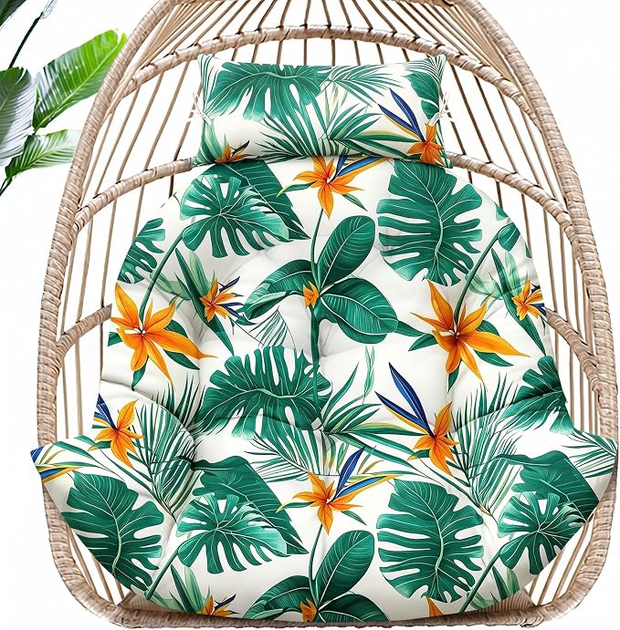 MAGIC ELEPHANT Egg Chair Cushion, Memory Foam Hanging Egg Chair Cushion Replacement, Indoor Outdoor Hammock Basket Swing Cushion with Headrest (Tropical Monstera)