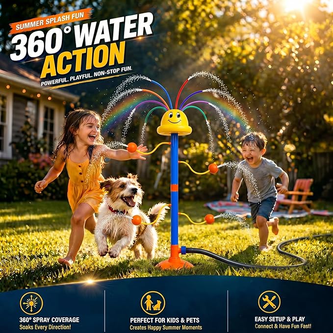 Water Sprinkler for Kids Ages 3-8, Smile Face Rainbow Outdoor Water Toy with 8 Wiggle Tubes and 4 Side Nozzles, Dancing Backyard Lawn Splash Game, Summer Yard Gift for Boys Girls