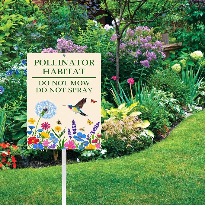 Pollinator Habitat Do Not Mow Do Not Spray Wildflower Yard Sign With Stakes Rustproof Reflective Aluminum Pollinator Friendly Garden Bee Butterfly Hummingbird Sign Stand Decorations Outdoor