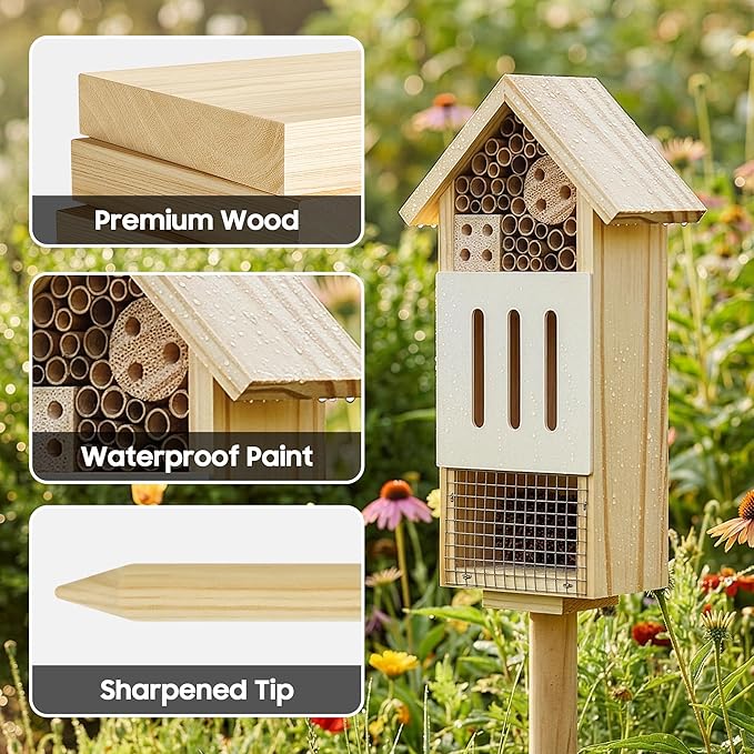 Bee House Bug Hotel & Butterfly House with Stake, Handcrafted Wooden Ladybug Hotel, Natural Insect Habitat for Garden, Patio, or Yard, Attracts Pollinators, 10.4 x 5.5 x 3.2 Inches,14 inches Stake