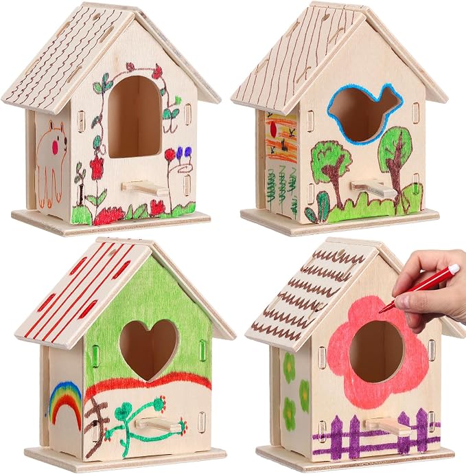 Outus 24 Pcs Wooden DIY Birdhouse Kits for Kids to Build, 4 Shapes Birdhouse Kit Wooden Unfinished with Butterfly Sticker for Boy Girl Arts Crafts(Lovely)