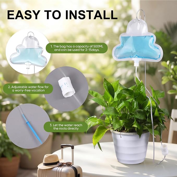 Zhengmy 12 Pcs 500ml Plant Self Watering Bags, Cloud Shape Automatic Drip Irrigation System with Adjustable Valve and Support Stakes, Slow Release Vacation Plant Waterer for Indoor Outdoor Plants