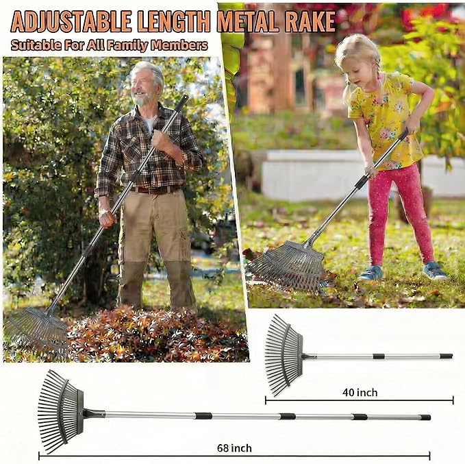 Garden Rake for Leaves, 20 Inch Ultra Wide Heavy Duty Metal Leaf Rake, 40-68 Adjustable Long Handle Yard Lawn Rake with 25 Tines for Grass Pine Needles Debris, for Kids and Adults