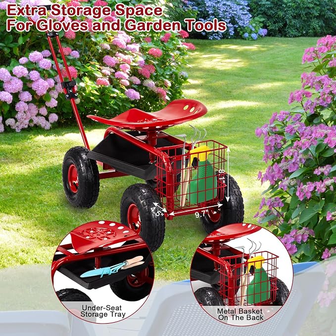 Garden Cart Rolling Workseat with Wheels, Gardening Stool Cart Seat with 360 Degree Swivel Seat & Extendable Handle & Tool Tray, Patio Wagon Scooter for Planting, Weeding, and Outdoor Tasks, Red