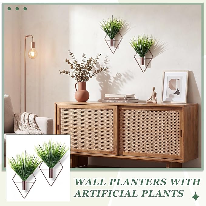 Canlierr 4 Pcs Wall Decor Hanging Planters with Artificial Plants Metal Hanging Vase Indoor Plants Modern Boho Wall Art for Bathroom Bedroom Living Room Decor (Aquatic Plant,Bronze)