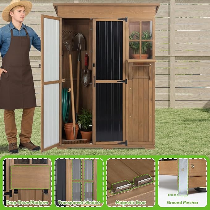 Large Outdoor Storage Cabinet Waterproof with Shelves, Outside Storage Shed Tall Backyard Cabinet with Fold-Out Table for Patio, Garage, Garden, Pool Accessories Storage, Black, 70.5"H x 51"L