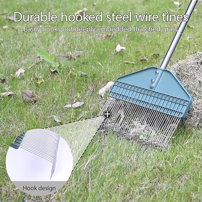YEELOR Thatch Rake with 66 Inch Adjustable Handle, 17 Inch Wide Durable Dethatcher Rake, Ideal for Garden, Yard and Lawn, Used for Removing Thatch, Pine Needles, Burrs and Acorns