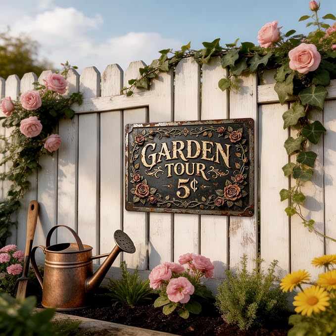 2D Flat Funny Garden Signs, Garden Tour 5¢ Vintage Outdoor Wall Decor for Patio Yard Greenhouse Home, Waterproof Garden Gifts 12x8 Inch