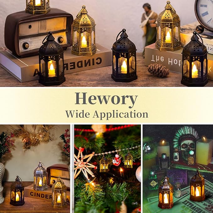 Mini Lantern with Flickering LED Candles Set of 20, Hewory Gold Vintage Decorative Hanging Candle Lanterns for Halloween, Christmas, Wedding Decorations, Party, Table Centerpiece, Battery Included