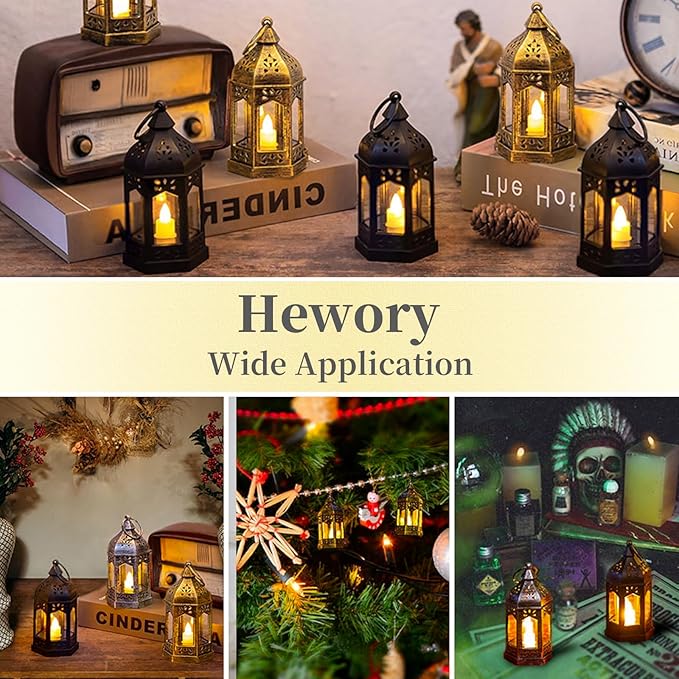 Mini Lantern with Flickering LED Candles Set of 20, Hewory Black Vintage Decorative Hanging Candle Lanterns for Halloween, Christmas, Wedding Decorations, Party, Table Centerpiece, Battery Included