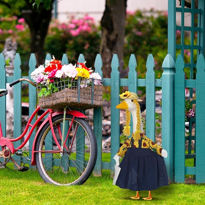 FuWeave Sunflower Goose Outfit for 23'' Cement Statue Porch Goose Clothes Flower Dress and Straw Hat for Large Statue Summer Outdoor Garden Patio Yard Lawn Art Decoration