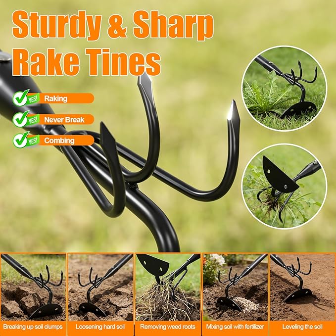 65 Inch 2-in-1 Hoe and Cultivator Garden Tool, Heavy Duty Garden Hoe with 3-Tine Tiller Rake for Weeding and Soil Loosening, Long Handle Stand Up Weed Removal Tool for Planting, Digging & Gardening