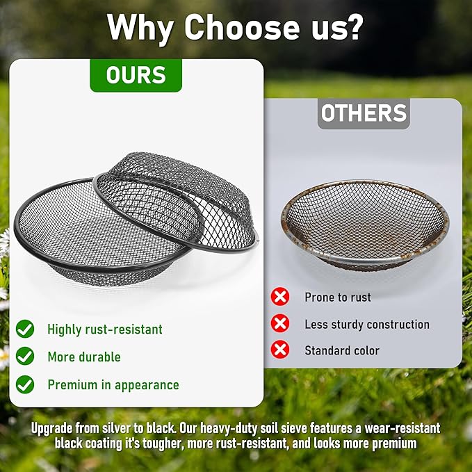 2Pcs 11.8" W Soil Sifter for Gardening, 2, 4mm Grid Rock Sifter for 5 Gallon Bucket, Stainless Steel Fine Dirt Sifter, Compost Sifter for Capturing Dirt, Sand, Rocks, and Filtering Compost (Black)