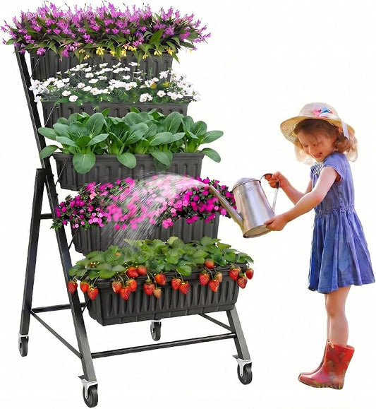 TEANDE Vertical Raised Garden Bed with Lockable Wheels, 5-Tier Elevated Planter Box w/Drainage System & 4 Hooks for Herbs Vegetables Flowers, Vertical Garden Planter for Patio Yard Indoor Outdoor