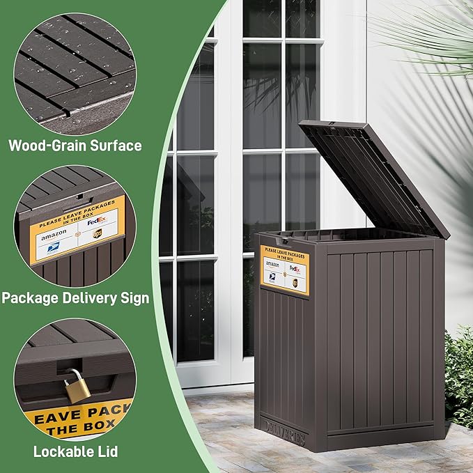 Outdoor Package Delivery Box with Lockable Secure and Sign, Resin Waterproof Outdoor Package Drop Container for Backyard, Garden, Patio & Lawn, Brown with Sign