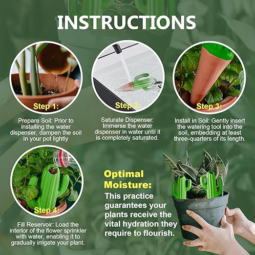 Joyeee 4 Pack Cactus Shaped Watering Spikes, Terracotta Self Watering Devices, Slow Release Waterer for Indoor Outdoor Potted Plants, Automatic Drip Irrigation for Vacations with 60ml Capacity, Green