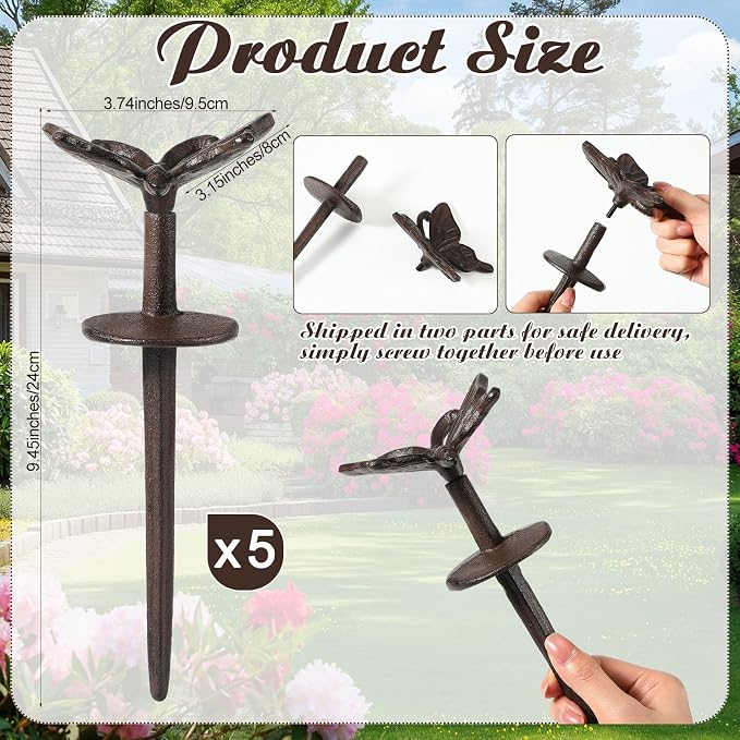5 Pcs Garden Hose Guide Stake Bulk 9.45'' Rusty Butterflies Garden Hose Guide Spike Rust Decorative Cast Iron Stakes Heavy Duty Metal Outdoor Saver Tools for Lawn Yard Patio