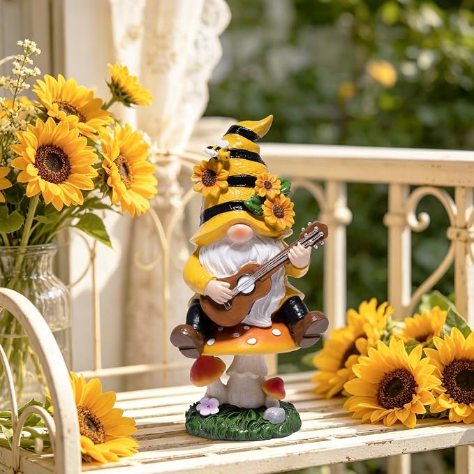 basen Spring Bee Gnome Garden Statue Resin Gnome Figurine with Mushroom Seat and Guitar, Bee Decor for Indoor Outdoor Patio Yard Porch Shelf, Sunflower Home Accent Gift