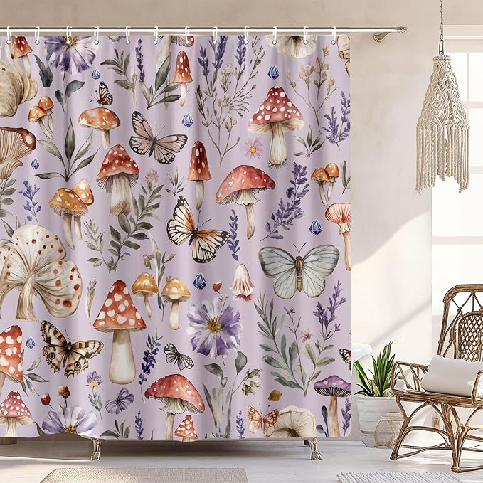 Purple Cute Musrhoom Shower Curtain, Rustic Boho Floral Fabric Shower Curtains for Bathroom, Vintage Chic Wildflower Butterfly Cloth Fairy Witchy Botanical Shower Curtain Set with Hooks 72X72 Inch