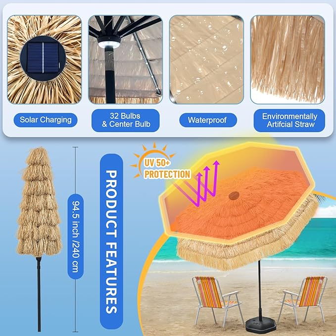 9 ft Tiki Umbrella with 32 LED Lights, Outdoor Patio Umbrella with Solar Lights, Tropical Vibes Thatched Umbrellas with 8 Ribs, Tilt Adjustment, Manual Crank, UPF 50+ for Pool, Beach, Backyard,Garden