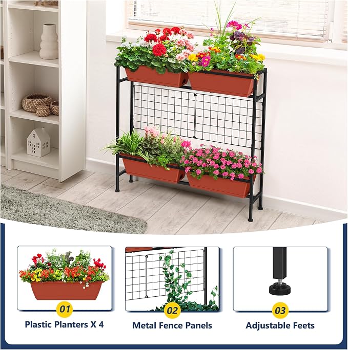 ETELI Raised Garden Beds Outdoor Elevated Planter Boxes with Trellis Patio Herb Garden Planter Outdoor Raised Planter Boxes with Legs for Vegetable Patio Balcony Porch, Brick Red