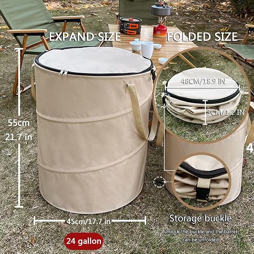 Pop up Camping Trash can with lid,Collapsible 24 Gallons Trash can with Sorting Clips,Garden Garbage Bag with Lid,Lawn and Leaf Bags - Reusable Yard Waste Bags (Beige Coffee)