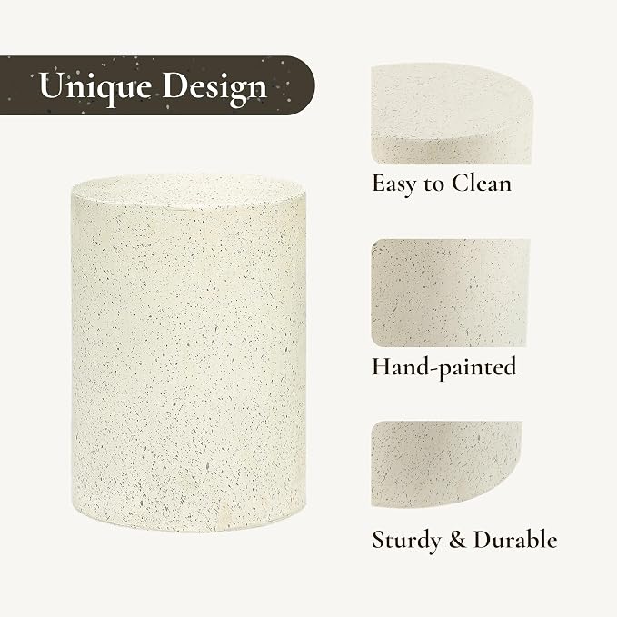 LuxenHome Cream with Speckled Gray Cement Round Indoor Outdoor Side and End Table (Set of 2)