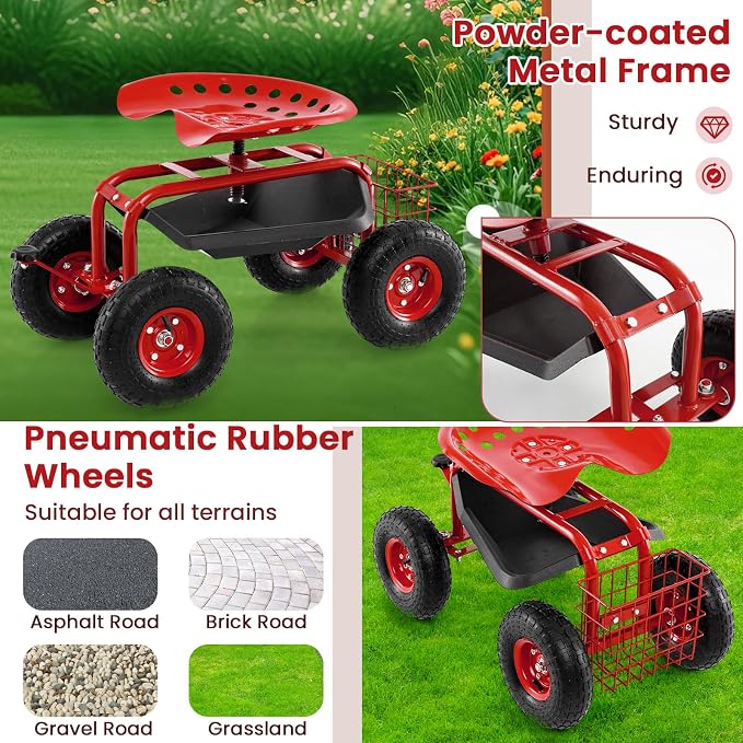 IRONMAX Garden Cart with Seat, Gardening Rolling Stool Scooter with 10’’ All-Terrain Wheels, Convenient Pull Handle & Tool Tray and Basket for Outdoor Planting (Red)