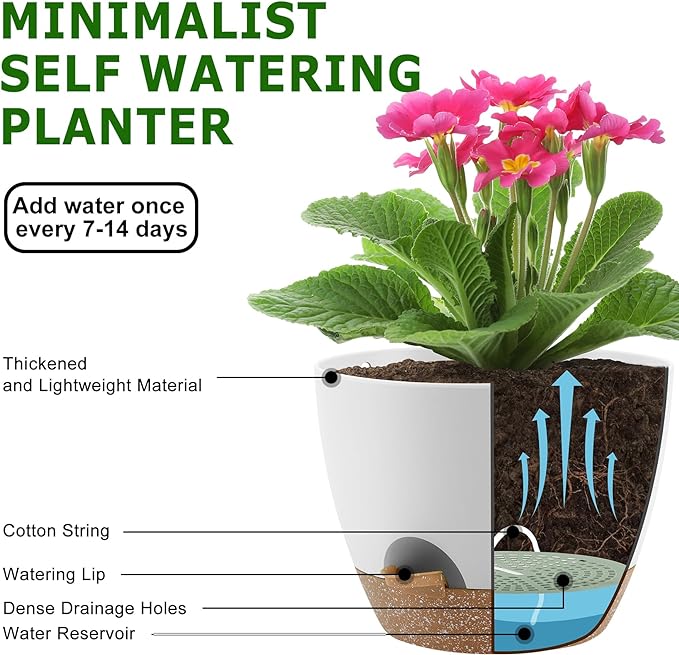 QRRICA Plant Pots 10/9/8/7.5/7 Inch Self Watering Pots, Set of 5 Plastic Planters with Drainage Holes and Saucers,Plastic Flower Pots,Nursery Planting Pot for Indoor Out Door Plants（White）