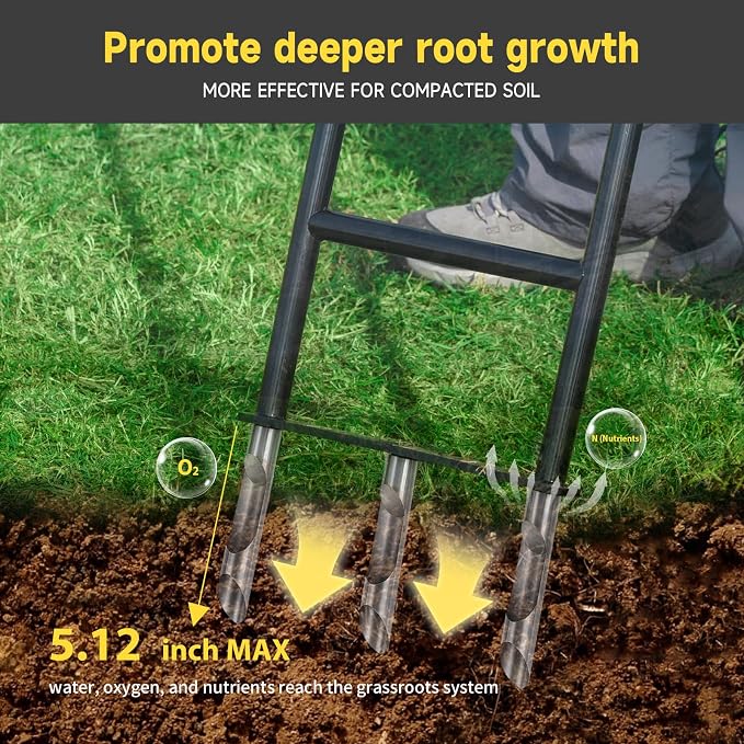 Manual Core Lawn Aerator — 3 Hollow Tines, One-Piece Steel Frame, Self-Cleaning Semi-Open Design, Lawn Aerator Tool for Compacted Soil & Overseeding