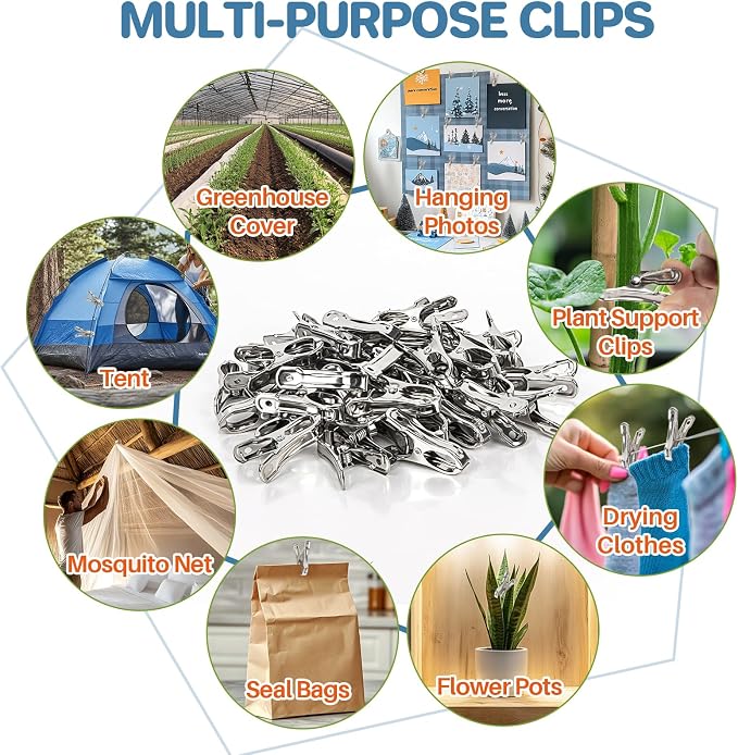 RAINFLOW 50 PCS Garden Clips - Stainless Steel Greenhouse Clamps,Grip Strong Heavy Duty Metal Greenhouse Supplies,Garden Clips for Netting, Hoops,Shade Cloth,Plant Cover