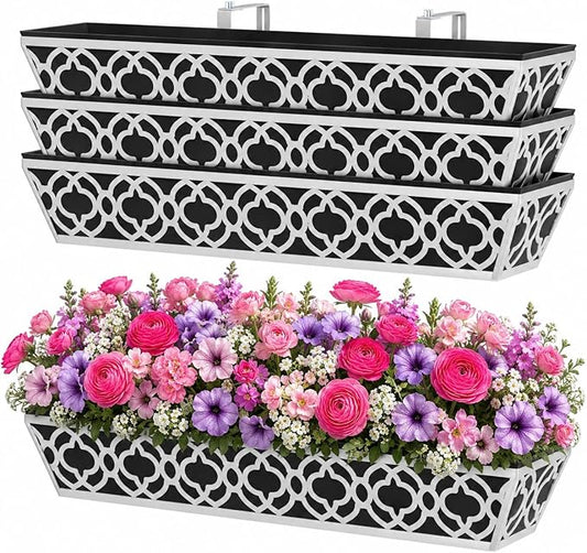 Y&M 4Pack 30'' Metal Railing Planter Box Set with Black Non-Woven Fabric Liner, Large Flower Boxes with Adjustable Brackets, Window Boxes Outdoor Hanging Planter for Fence, Deck, Balcony, and Garden