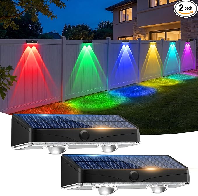 kolpop 2 Pack Solar Fence Lights Outdoor,11 Modes & 9 Colors Fence Lights Solar Powered,IP65 Waterproof, 60LM LED Solar Lights for Patio,Backyard,Outside,Railing,Wall,Nighttime,Party,Pool