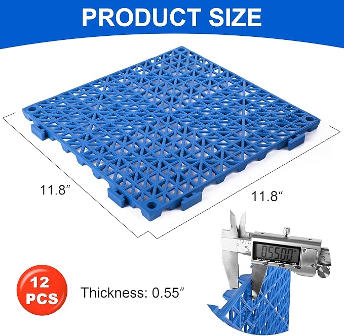 MYFAMIREA Modular Interlocking Cushion 12 Pack 11.8" x 11.8" Rubber Floor Tiles Non-Slip Splicing Drainage Mats for Deck, Pool, Outdoor Shower, Patio, Balcony, Indoor Bathroom, Kitchen, Yard (Blue)