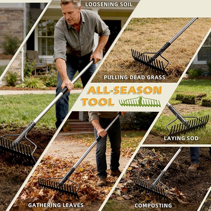Bow Rake , 2-in-1 49in Metal Garden Lawn Rake for Weeding Digger Loosening Soil Raking Leaf Leveling Rocks Spreading Mulch Gravel 17 Tines Adjustable Garden RakeBow Rake (49 Inch)