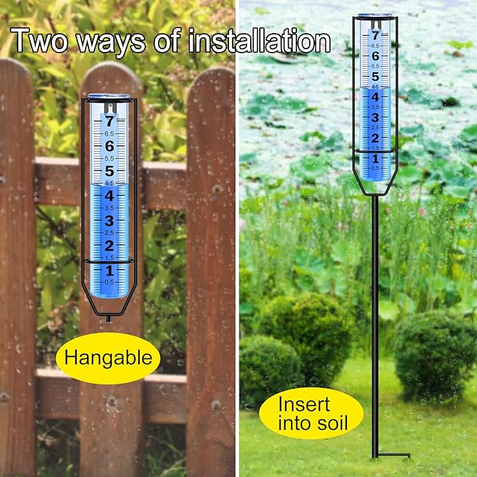 Rain Gauge Upgraded, 7" Freeze Proof Thickened Rain Gauge Outdoor Best Rated, Large Clear Numbers and Adjustable Height Rain Measuring Tool for Garden, Yard, Lawn, Patio, and Farm Use