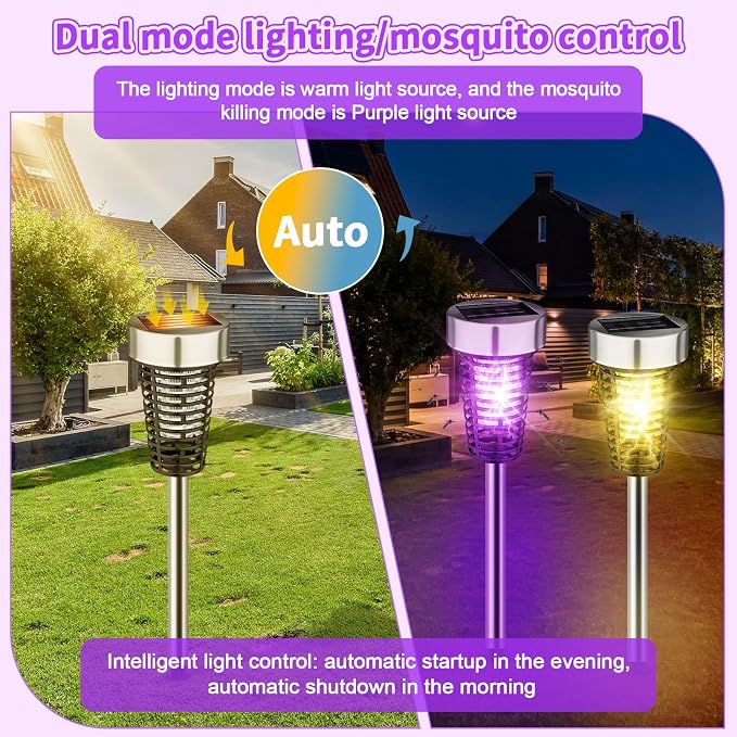 Qualirey 12 Pack Solar Bug Zapper Outdoor Waterproof Mosquito Repellent Killer Bug Zapper Lamp with LED Light for Outdoor Garden Patio Yard (Purple and Warm Light,Silver)