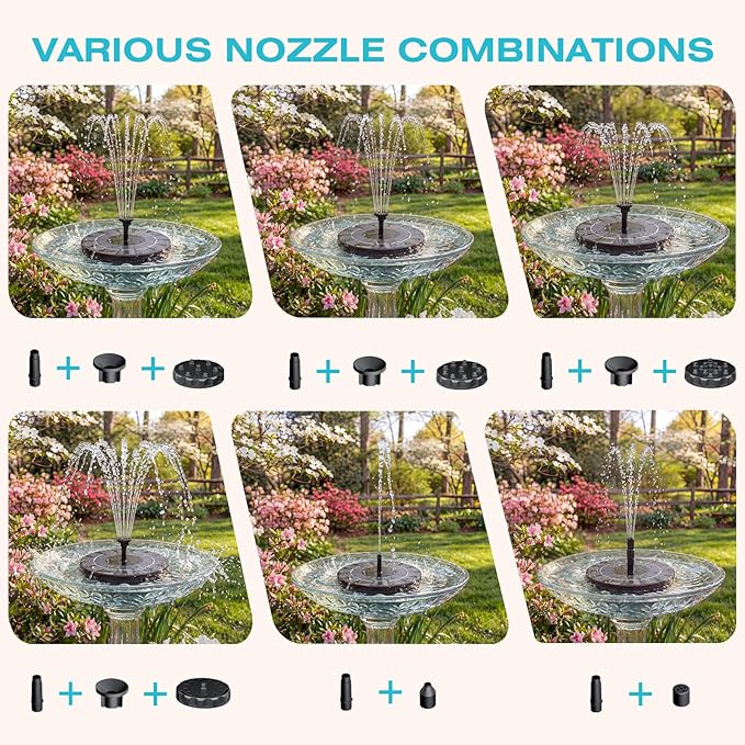 AMZtime 2.5W Solar Bird Bath Fountains, Solar Water Fountain Pump with 6 Nozzles & 4 Tube Supports, 6.7 Inch Fountain Pump for Garden, Pond, Pool, Fish Tank Aquarium Outdoor Use