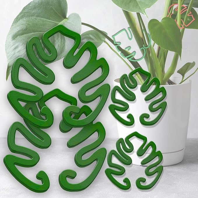 4PACKS Unique & Aesthetic Monstera Leaf Shape Grapple Plant Support, Grappler Rings, Plant Support Monstera with Ties, Keeps Plants Tame & Growing Vertical (Green)