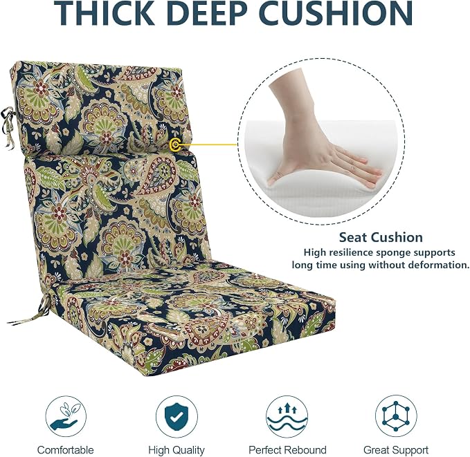 DYTXIII Outdoor High Back Chair Cushions Set of 2, 44"x22" Water Repellent Patio Seat Cushions with Elastic Sponge, All Weather Chair Pads for Rocking, Dining, Patio Furniture - Paisley Sapphire