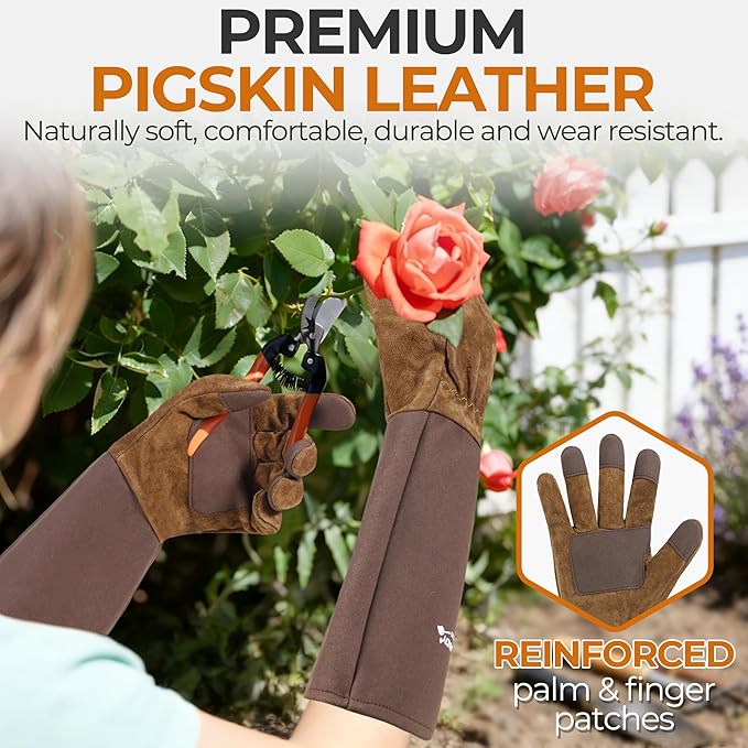 HANDLANDY Long Gardening Gloves for Men & Women, Pigskin Leather Rose Pruning Gloves- Breathable & Durable Gauntlet Glove (X-Large, Brown)