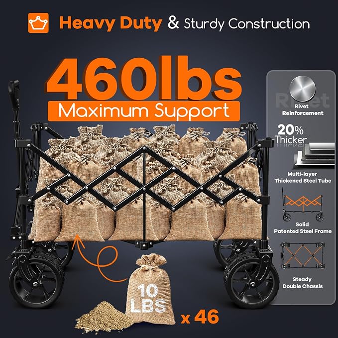Originsure 220L Collapsible Wagon Cart Foldable, 460lbs Load Capacity Heavy Duty Folding Beach Wagons with Big All-Terrain Wheels, Utility Carts for Groceries, Shopping, Camping, Sports - Blue