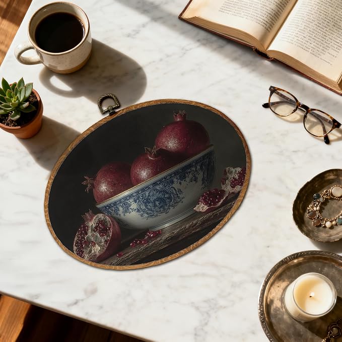 DOFQZ Vintage Moody Pomegranate Oval Wall Art Decor, Dark Cottagecore Fruit Red Garnet Framed Wall Art, Farmhouse Pomegranate Walls Hanging Decor for Kitchen Dining Room, 11.5x8.5 Inch