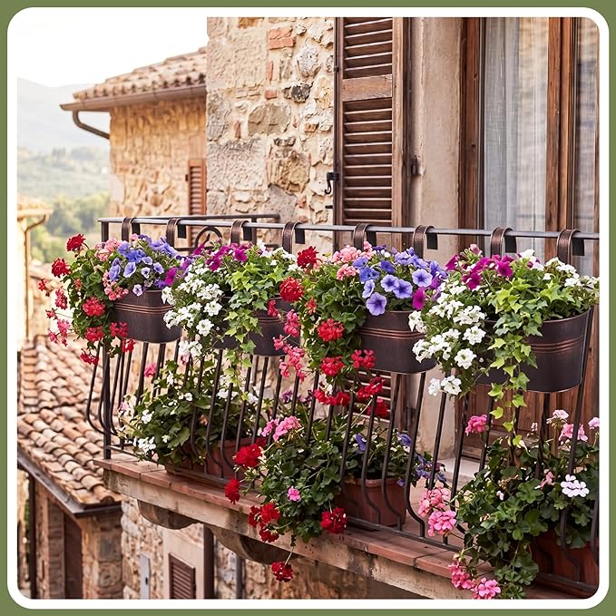 Hicarer Metal Hanging Flower Pots for Railing Fence, Large Hanging Rail Planters for Outdoor Window Balcony Plants Holder with Hooks for Garden Yard Home Decor(Bronze,4 Pcs)