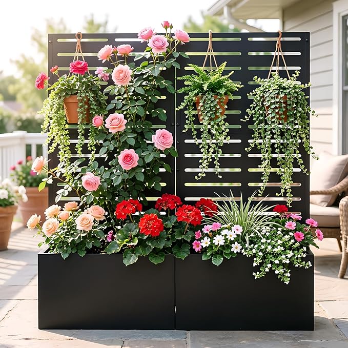 Baotree Metal Raised Garden Bed with Trellis and Wheels, 47"x24"x12" Planter Box for Climbing Plants, Vegetables & Vines, Features Drainage Holes and Privacy Screen (Black-Louvered)