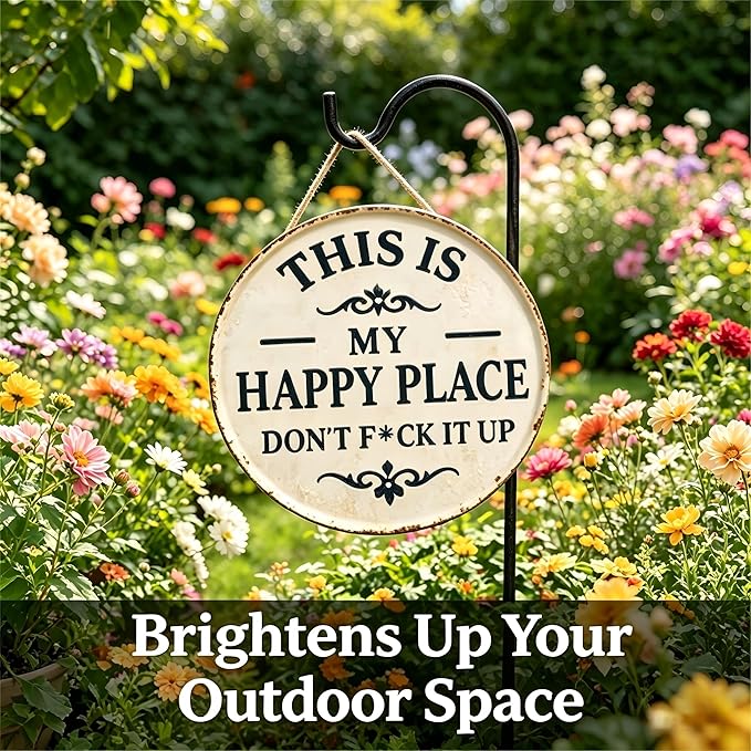 Funny Garden Metal Sign - "This Is My Happy Place Don't F*c* It Up" Vintage Outdoor Decor, 12" Round Tin Sign for Home, Farm, Bar & Patio, Aesthetic Wall Art Welcome Sign, Hilarious Gift for Gardeners