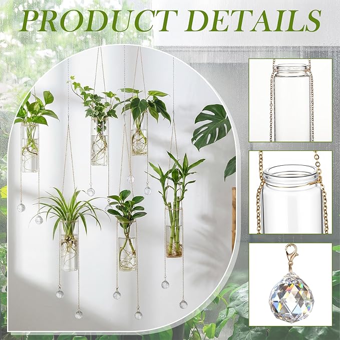 Hushee 6 Pcs Hanging Propagation Stations with Crystal Suncatcher Glass Hanging Wall Planters Indoor Plants Hydroponic Tubes for Plants Flowers Windows Home Decoration