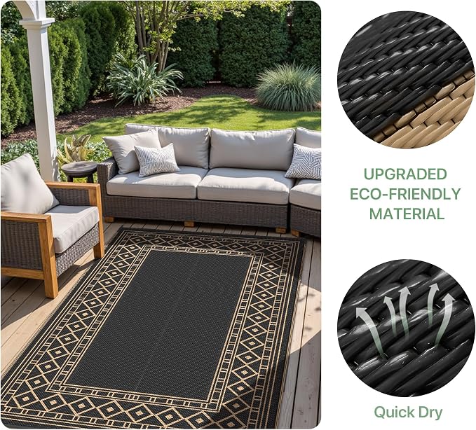GENIMO Outdoor Rug Waterproof 9'x12' for Patio, Foldable Reversible Plastic Straw Carpet for Travel Trailers, Outside Area Mat for Rv, Deck, Picnic, Porch, Camper, Balcony, Beach, Black & Brown