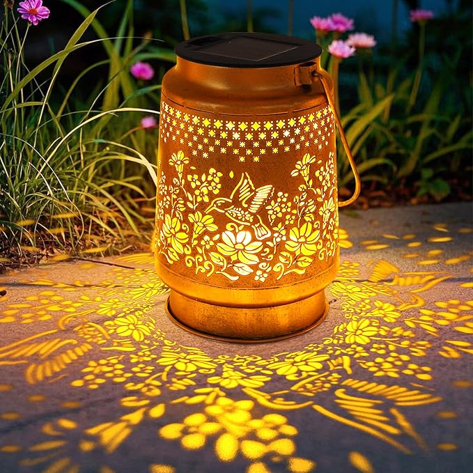 2 Pack Solar Lanterns Outdoor Hummingbird Garden Decor, Birthday Gifts for Mom Women, Waterproof Metal Hanging Solar Lights with Shepherd Hook LED Decorative Outside for Yard Patio Lawn Porch